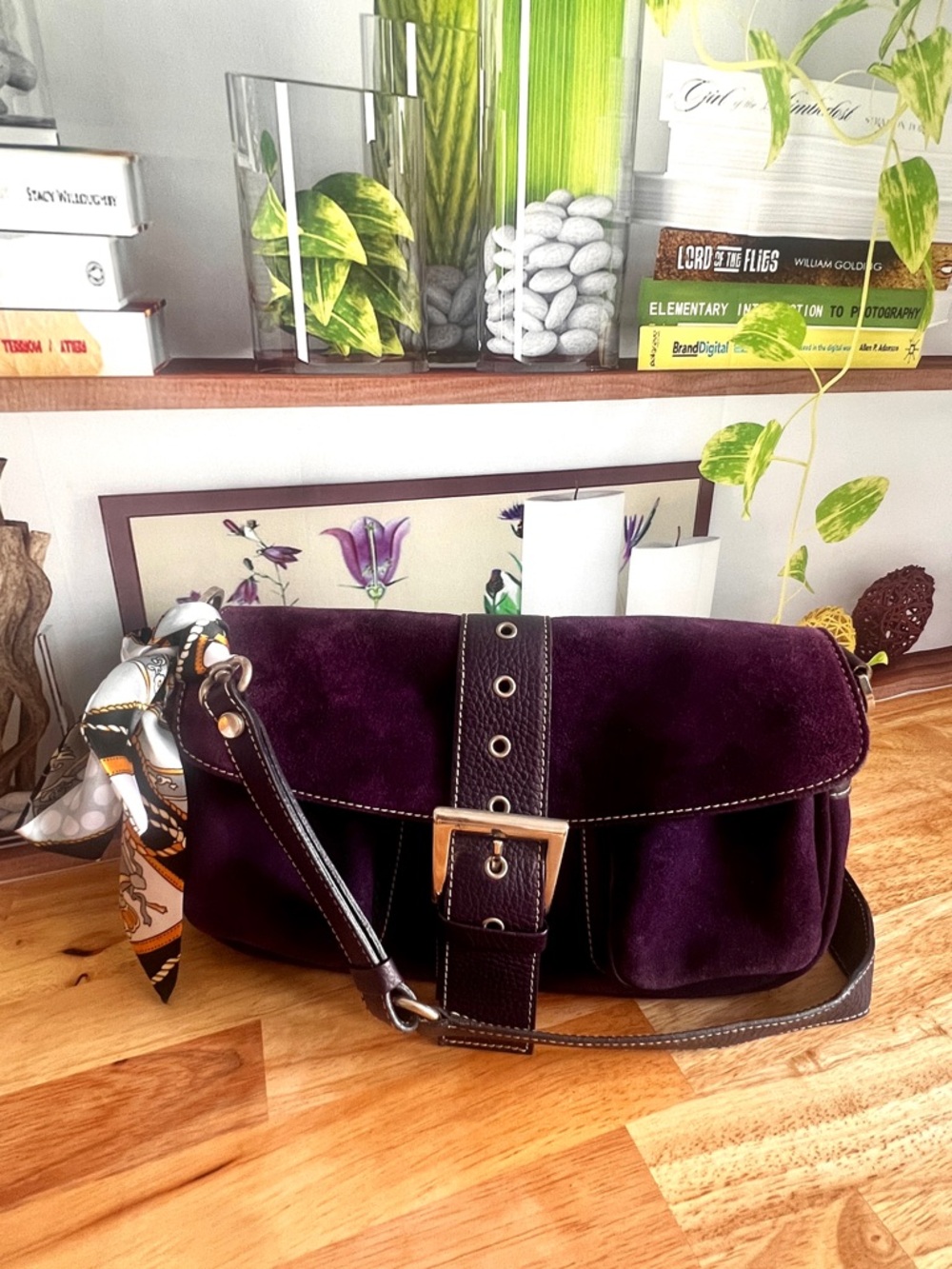 Vintage Purple Genuine Suede Leather Shoulder Bag Made In Italy - Picture 4 of 16